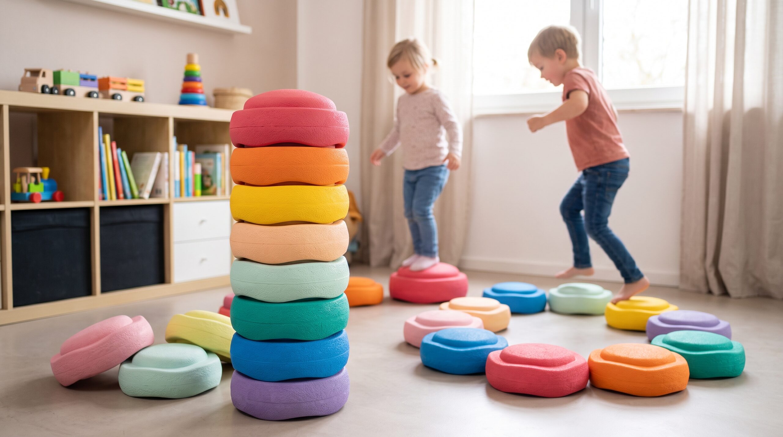 Twee kinderen spelen met kleurrijke Stapelstein-stenen: een gestapelde toren en een cirkel van steppingstones op de vloer